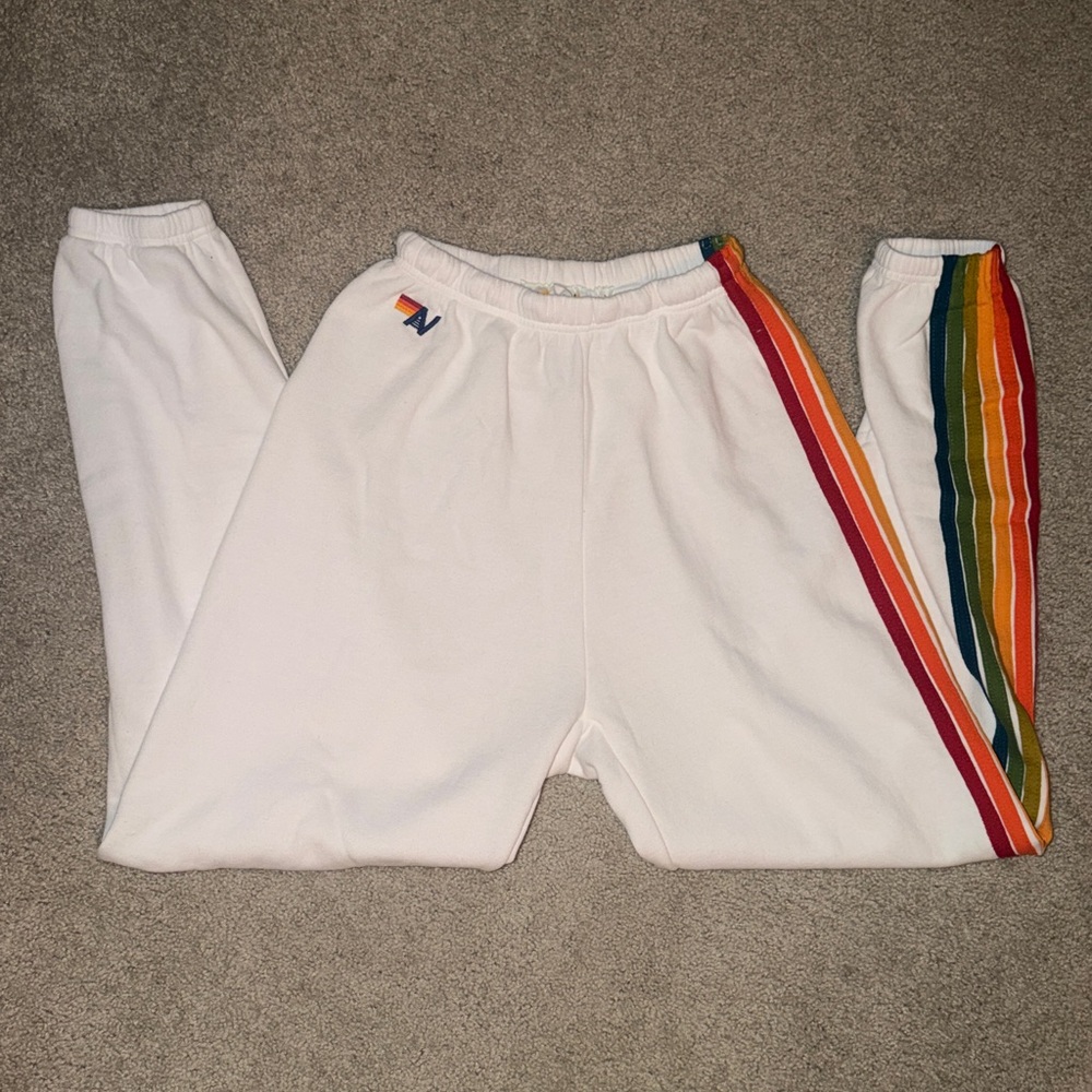 Aviator Nation White Track Pants with Rainbow Side Stripes